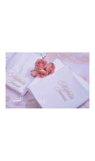 Trusou de botez somon cu alb cu broderie sand pentru fetite Elegant Monogram Peach 9